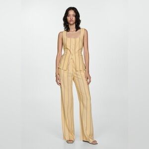 MANGO Striped Square Neck Vest Waistcoat Linen Blend Yellow Size Large